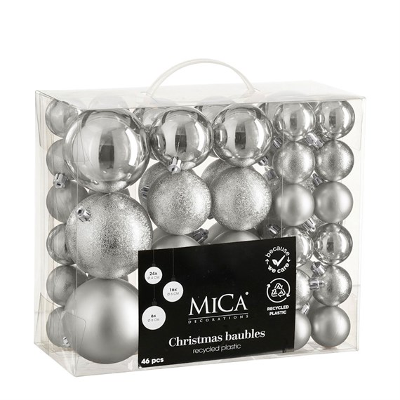 Mica Silver Unbreakable Christmas Baubles (46 Pack of 4cm to 8cm) (1181993)