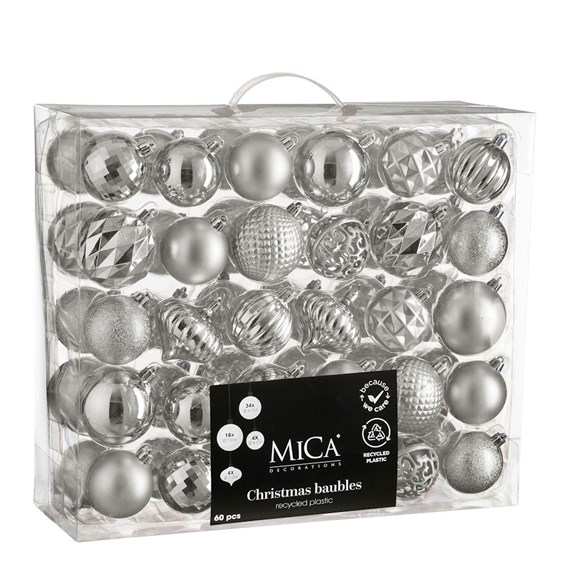 Mica Silver Unbreakable Mixed Christmas Bauble (60 Pack of 7cm) (1182019)