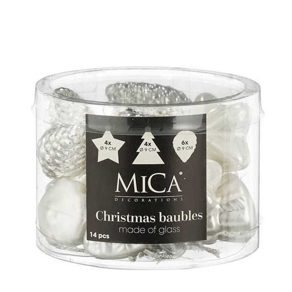 Mica White Glass Mixed Christmas Baubles (14 Pack of 9cm) (1180835)