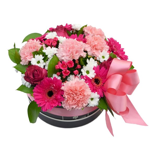 Cerise Pink Floral Arrangement Hat Box - Medium