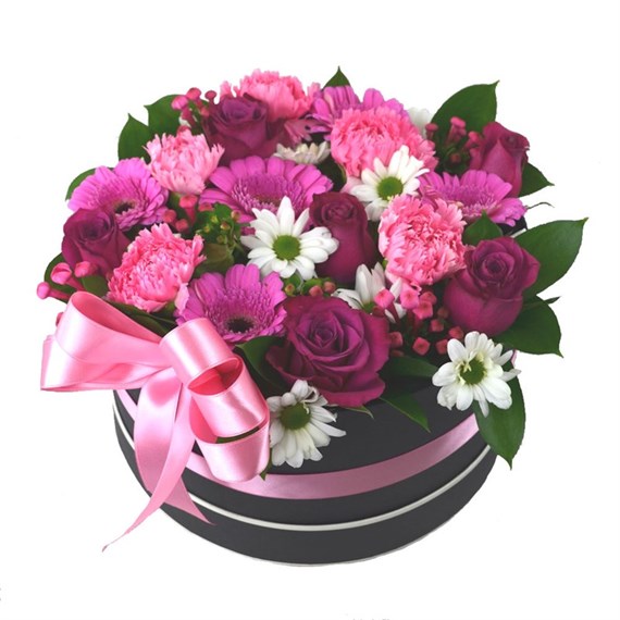 Cerise Pink Floral Arrangement Hat Box - Large
