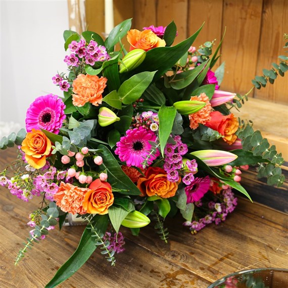Cerise and Orange Hand Tied Floral Bouquet