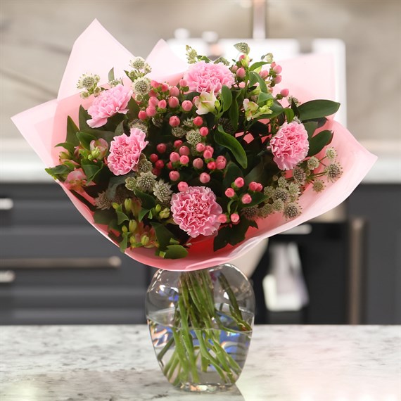 Pink Carnation and Berry Hand Tied Floral Bouquet