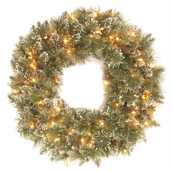National Tree 76cm (2.5ft) Glittery Bristle Artificial Christmas Pre Lit Wreath (GB8-300-30W-B)