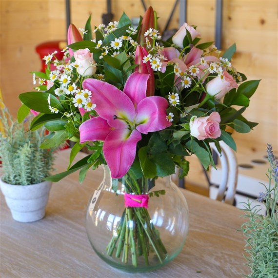 Pink Rose & Lily Cut Flower Hand Tied Bouquet