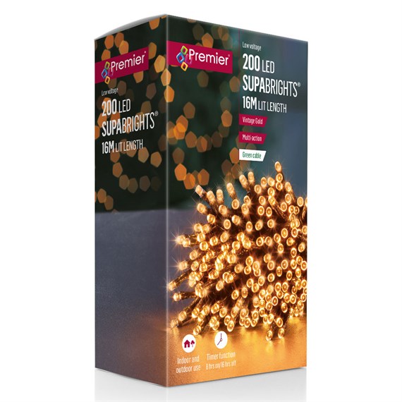 Premier 200 Vintage Gold Multi Action LED Supabrights Christmas String Lights (LV162170VG)