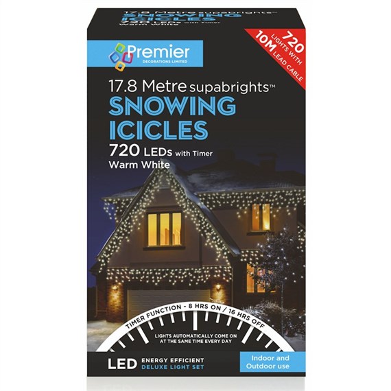 Premier 720 LED Snowing Icicles with Supabrights - Warm White (LV162185WW) Christmas Lights