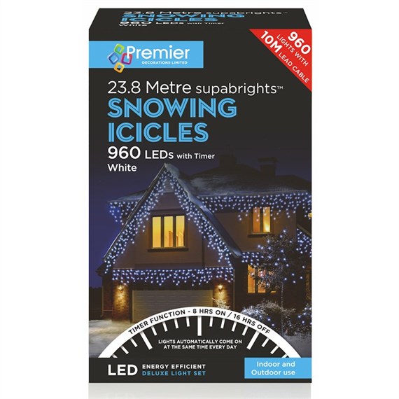 Premier 960 (23.8m) White LED Snowing Icicles Supabright Christmas String Lights (LV162186W)