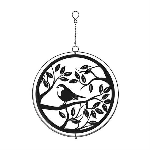 Primus Black Metal Robin In Tree Hanging Garden Decor Silhouette Orbit Spinner (PT2108BK)