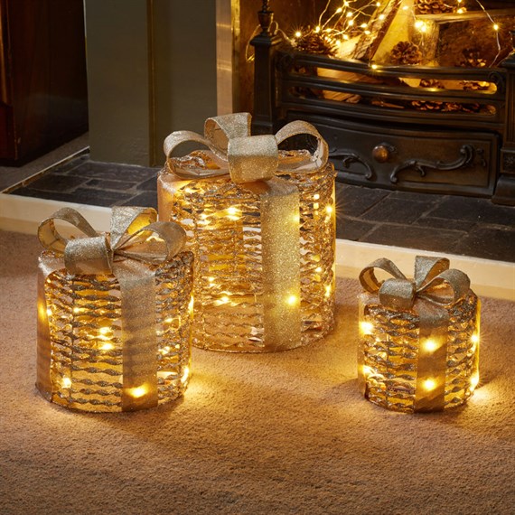 Three Kings 30cm Glittertwist Gold Light Up Christmas Set of 3 Gift Boxes (2532081)