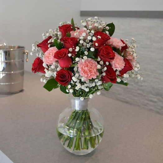12 Roses & Carnations Cut Flower Hand Tied Bouquet