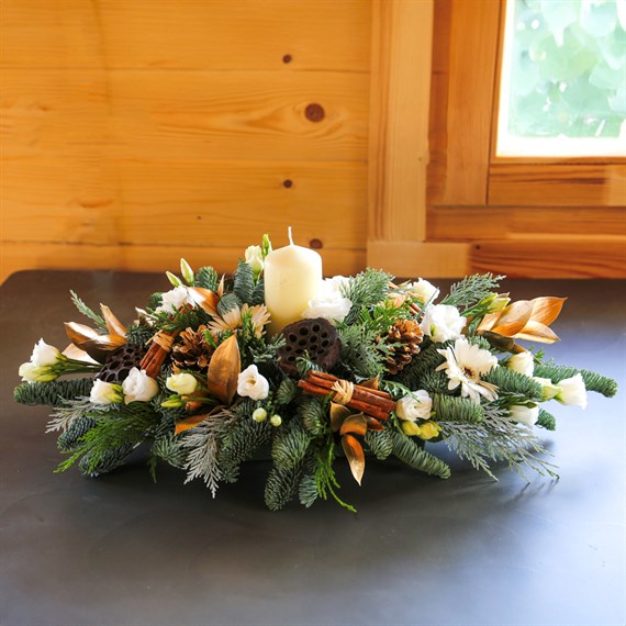 White and Gold Long and Low Christmas Floral Arrangement 2ft