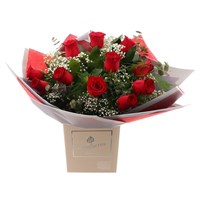 12 Red Short Stem Roses and Gypsophilia Valentine's Day Hand Tied Bouquet