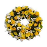 With Sympathy Flowers - Yellow and White Loose Wreath - 12 Inch
