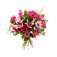 Cerise Lily, Rose & Gerbera Hand Tied Floral Bouquet