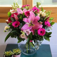 Cerise Lily & Gerbera Hand Tied Floral Bouquet