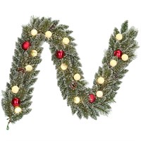 Edelman 180cm Green Frosted Pre Lit Artificial Christmas Garland with Red Baubles & Pine Cones (1166287)