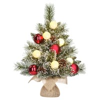 Edelman 45cm Green Frosted Pre Lit Artificial Burlap Christmas Tree with Red Baubles & Pine Cones (1166291)