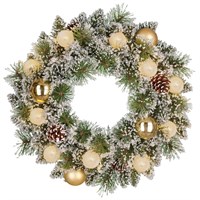Edelman 45cm Green Frosted Pre Lit Artificial Christmas Wreath with Gold Baubles & Pine Cones (1183904)