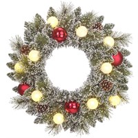 Edelman 45cm Green Frosted Pre Lit Artificial Christmas Wreath with Red Baubles & Pine Cones (1166289)