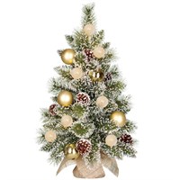 Edelman 60cm Green Frosted Pre Lit Artificial Burlap Christmas Tree with Gold Baubles & Pine Cones (1183907)