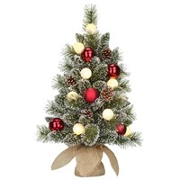 Edelman 60cm Green Frosted Pre Lit Artificial Burlap Christmas Tree with Red Baubles & Pine Cones (1166292)