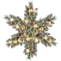 Edelman 60cm Green Frosted Pre Lit Artificial Christmas Star Wreath with Gold Baubles & Pine Cones (1183909)