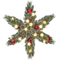 Edelman 60cm Green Frosted Pre Lit Artificial Christmas Star Wreath with Red Baubles & Pine Cones (1166294)