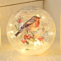 Festive 15cm Battery Lit Crackle Effect Light Up Christmas Robin Branch Ball Decoration (P050912)