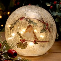 Festive 20cm Battery Lit Crackle Effect Robin Ball Light Up Christmas Decoration (P041981)