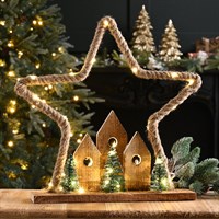 Festive 39cm Light Up Wooden Christmas Village Jute Rope Star (P066298)