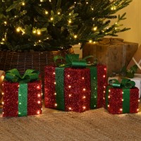 Festive Set Of 3 Light Up Red Christmas Presents With Bows (P054709)