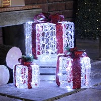 Festive Set Of 3 White Light Up Soft Acrylic Christmas Parcels (P040332)