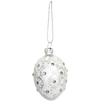 Gisela Graham Christmas Matt White & Silver Glitter Mini Glass Egg Bauble - Design 2 (00506)