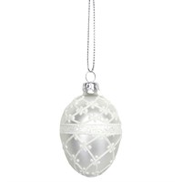 Gisela Graham Christmas Matt White & Silver Glitter Mini Glass Egg Bauble - Design 3 (00506)