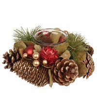 Kaemingk 16cm Round Pinecone Tealightholder In Red & Natural (741110)