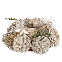 Kaemingk 16cm Round Pinecone Tealightholder In White Glitter (741106)