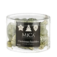 Mica Light Green Glass Mixed Christmas Baubles (14 Pack of 9cm) (1181133)