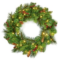 National Tree 60cm (2ft) Berry & Cone Artificial Christmas Pre Lit Wreath (ED2-303-24W-B)