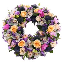 With Sympathy Flowers - Peach, Pink and Blue Loose Wreath - 20 Inch