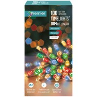 Premier 100 Multi-Coloured LED Battery Operated Christmas String Lights with Timer (Clear Cable) (LB112383MC)