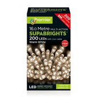 Premier 200 Warm White Multi Action LED Supabrights Christmas String Lights (Clear Cable) (LV071255WWC)