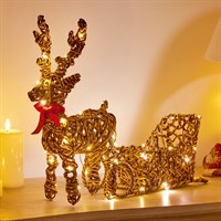Premier 50cm Rattan Look Light Up Christmas Reindeer & Sleigh 60 Warm White LEDs (LB261436)