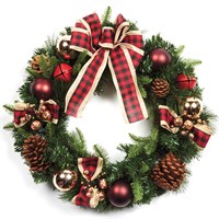 Premier 50cm Red Bow Artificial Christmas Wreath with Baubles & Cones (DF237038)