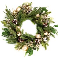 Premier 50cm Silver & Gold Artificial Christmas Wreath with Holly Leaves & Cones (DF257009)