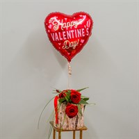 Three Hand Tied Red Roses With Valentine's Balloon
