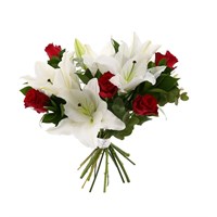 White Lilies & Red Roses Cut Flower Hand Tied Bouquet