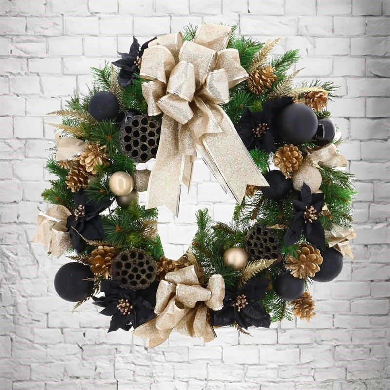 Artificial Christmas Decorated Door Wreath 24 Inches  - Black and Gold