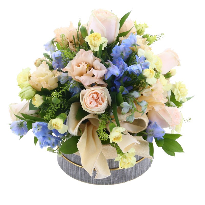 Pastel Blue and Peach Hat Box Floral Arrangement Large