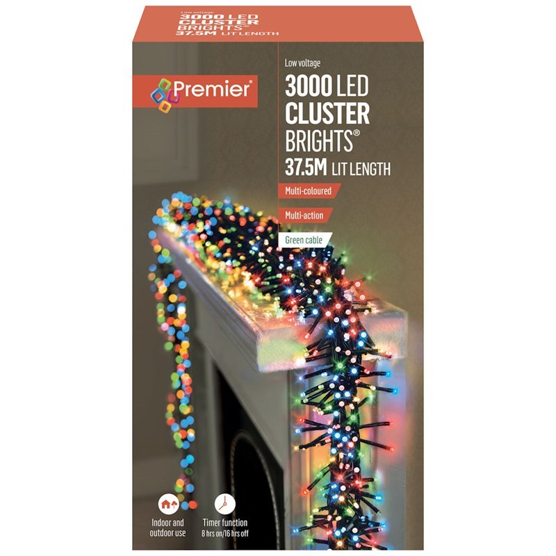 Premier 3000 Multi Colour Multi Action LED Cluster Christmas String Lights (LV203073M)